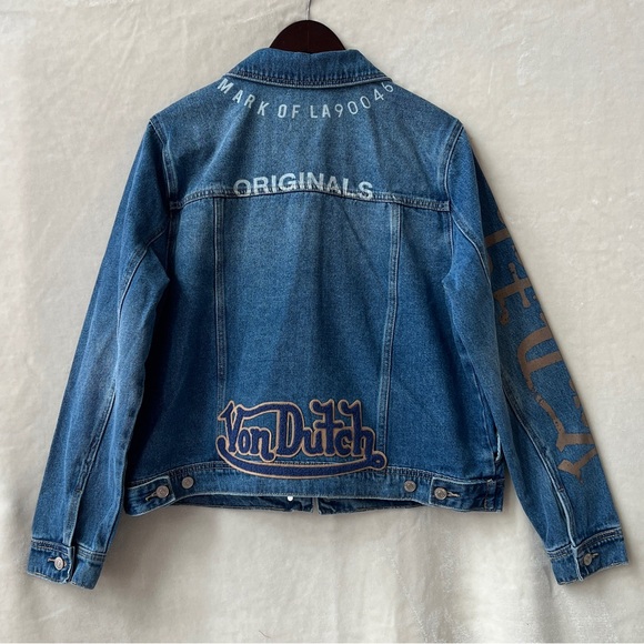 NEW Size Large Von Dutch Womens Cotton Denim Logo Patch Y2K Trucker Jacket - Picture 7 of 10